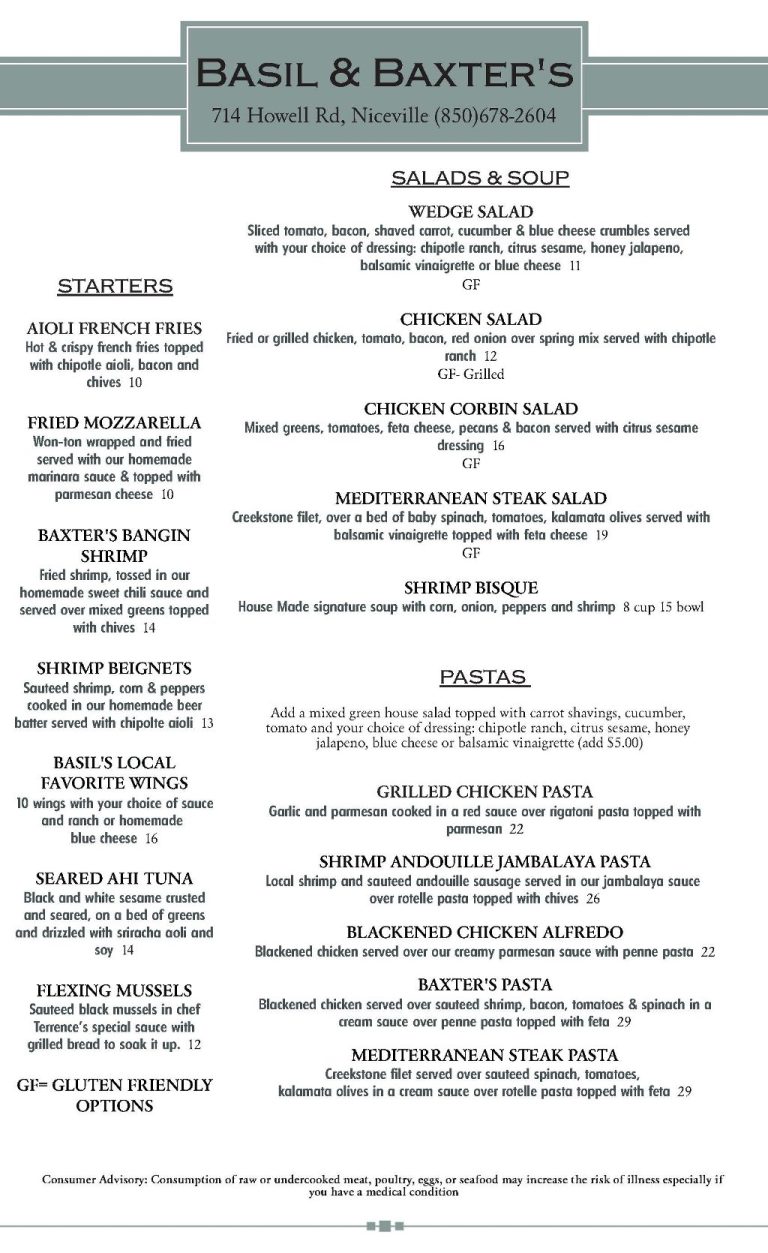 Dining Menu PDF At Basil & Baxter’s Basil & Baxter's Resturant